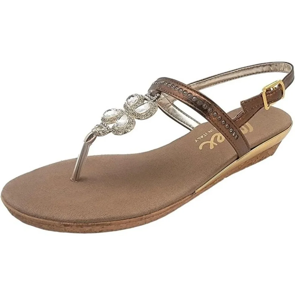 Women's Onex Leather Wedge Slide Sandals Bronze Swarovski Crystal Italy Size 10